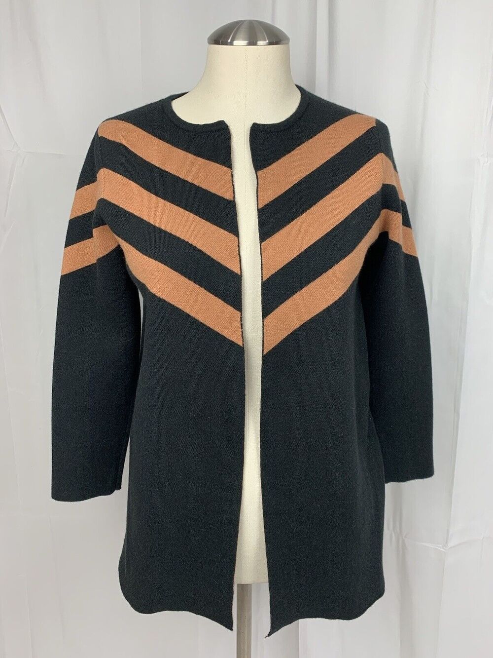 Ava Open Front Chevron Cardigan Sweater Black Tan S